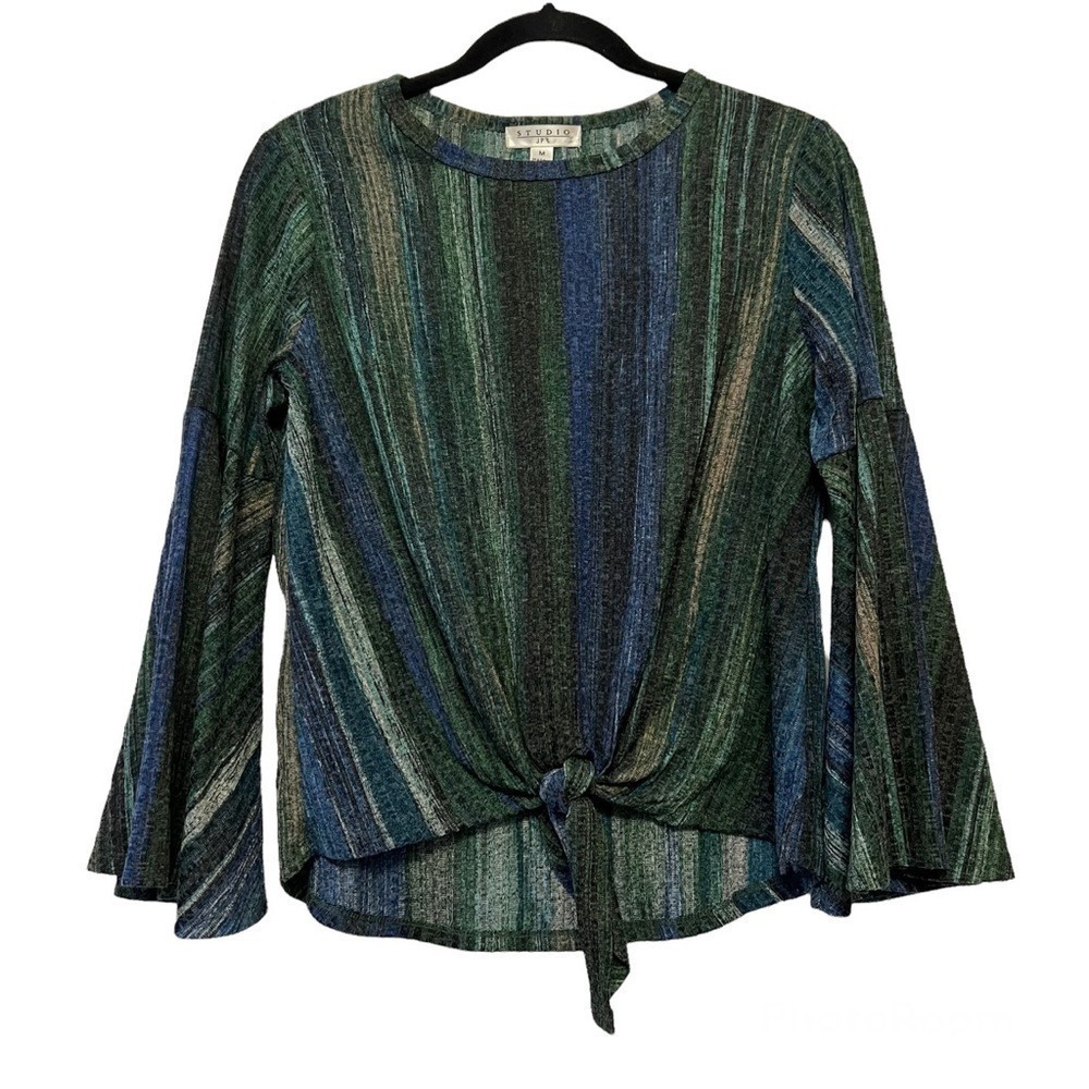 Vintage Studio JPR Green & Blue Bell Sleeve Tie Front Top‎